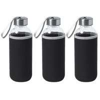 6x Stuks glazen waterfles/drinkfles met zwarte softshell bescherm hoes 420 ml