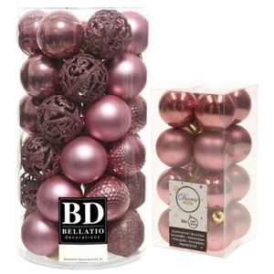 Kerstversiering kunststof kerstballen oud roze 4-6 cm pakket van 53x stuks