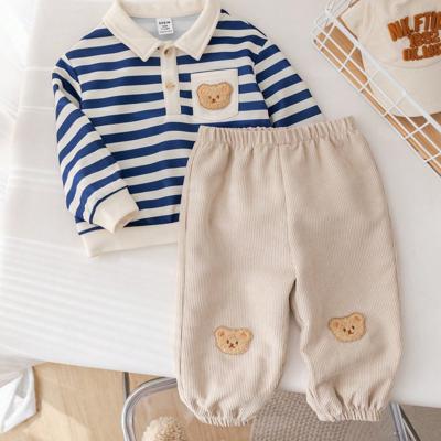 2pcs/Set Baby Boys/Girls Academy Style Striped Polo Sweatshirt And Relaxed Fit Fleece Pants Set, Soft & Comfortable For Casual, Home, School Wear, Autumn/Winter Apricot / 9-12M