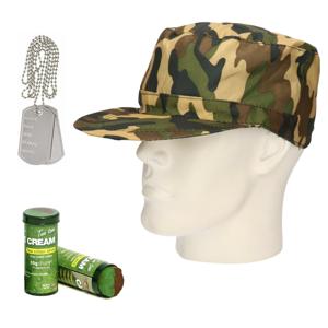 Carnaval verkleed accessoires setje heren - Soldaten pet - camou schmink stift - dogtags