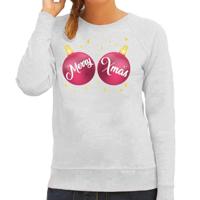 Foute kersttrui sweater - voor dames - grijs - met roze Merry Xmas ballen