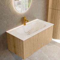 Badmeubel Mondiaz Kurve-Dlux | 90 cm | Meubelkleur Oak | Wastafelkleur Frappe | Solid surface | Midden spoelbak | 1 kraangat
