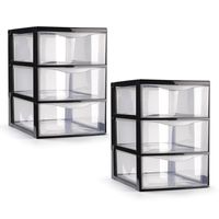 Ladeblokje/bureau organizer - 2x stuks - 3 lades - transparant/zwart - L18 x B25 x H25 cm - plastic