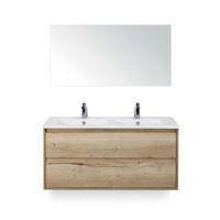 Porto Badmeubelset 120 cm - 2 laden Natuur Eiken - Keramische Wastafel Wit Slim - met Spiegel