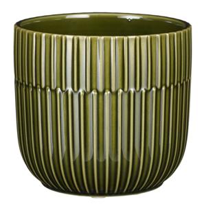 Mica Decorations - Plantenpot/bloempot - keramiek - groen - stripes patroon - D12.5 x H22 cm