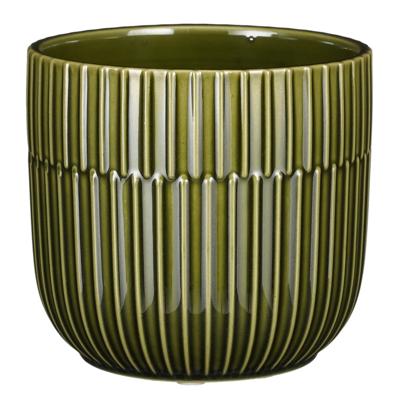 Mica Decorations - Plantenpot/bloempot - keramiek - groen - stripes patroon - D12.5 x H22 cm