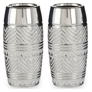 Bloemenvazen 2x stuks - zilver met modern luxe motief - 11 x 23 cm - keramiek