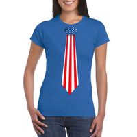 Blauw t-shirt met Amerika vlag stropdas dames - thumbnail