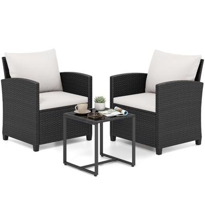 3-Delige Tuinmeubelset 2 Gestoffeerde Fauteuils met een Salontafel van Gehard Glas(Zwart Rietwerk)-Beige