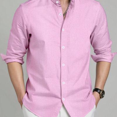 Bon&Bon Men's Stand Collar Long Sleeve Shirt - Dark Grey Casual Top Baby Pink / M