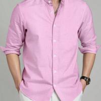 Bon&Bon Men's Stand Collar Long Sleeve Shirt - Dark Grey Casual Top Baby Pink / M