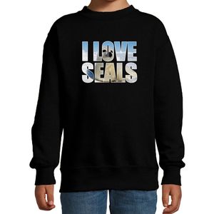 Tekst sweater I love seals met dieren foto van een zeehond zwart voor kinderen