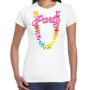 Tropical party T-shirt voor dames - bloemenkrans - wit - carnaval/themafeest