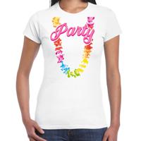 Tropical party T-shirt voor dames - bloemenkrans - wit - carnaval/themafeest - thumbnail