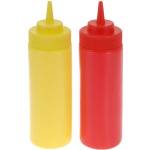 Doseerflessen/sausflessen - 2x - rood en geel - kunststof - 400 ml - mayo en ketchup knijpflessen