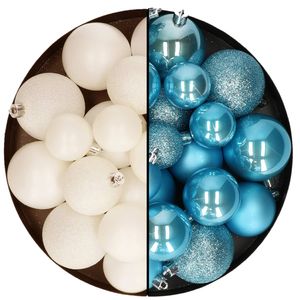 Kerstballen 60x stuks - mix wol wit/ijsblauw - 4-5-6 cm - kunststof - Kerstbal