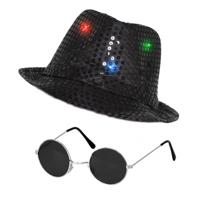 Carnaval verkleed set glitter LED lampjes hoed en party bril zwart - thumbnail