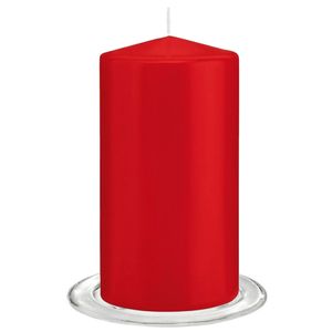 Trend Candles - Stompkaarsen met glazen onderzetters set van 2x stuks - helder rood 8 x 15 cm