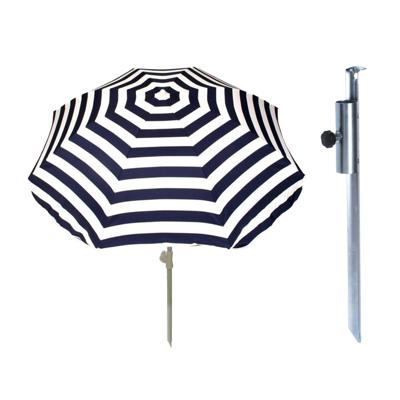 Parasol met metalen grondharing - blauw/wit gestreept - polyester - Dia 180 cm - verstelbaar