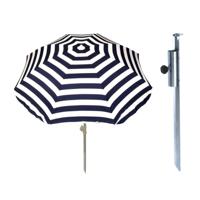 Parasol met metalen grondharing - blauw/wit gestreept - polyester - Dia 180 cm - verstelbaar