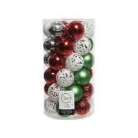 74x stuks kunststof kerstballen wit/rood/groen/zilver mix 6 cm