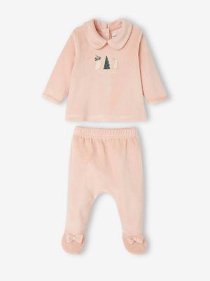 Fluwelen babypyjama in 2 delen voor Kerstmis roze (poederkleur)