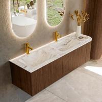Badmeubel Mondiaz Kurve-Dlux | 155 cm | Meubelkleur Walnut | Wastafelkleur Glace | Solid surface | Dubbele spoelbak | 2 kraangaten