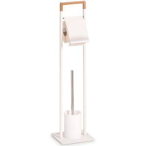 Zeller Toiletborstelhouder inclusief WC-rolhouder en borstel - wit - metaal / bamboe - 75 cm   -