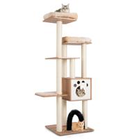 Krabpaal met 6 Verdiepingen Kattenboom met Gezellige Matten Grot en Kattenboog Kattenmeubels Klimboom Speelboom Beige 176 cm Hout