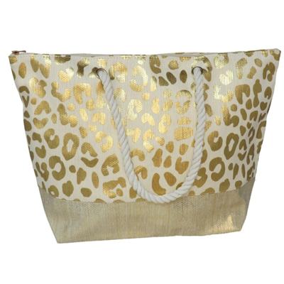 Gerimport strandtas Vivian - panterprint - goud - touw handvat - 14 x 51 x 36 cm