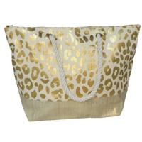Gerimport strandtas Vivian - panterprint - goud - touw handvat - 14 x 51 x 36 cm