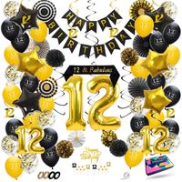 Fissaly® 12 Jaar Verjaardag Decoratie Versiering - Ballonnen – Jubileum - Jongen & Meisje - Zwart en Goud - thumbnail