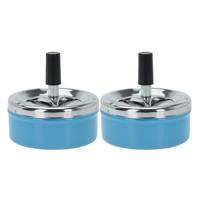 Excellent Houseware Draai asbak - Set van 2x stuks - druk asbak - rond metaal - 10 cm - blauw