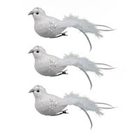 6x stuks decoratie vogels op clip glitter wit 18 cm - thumbnail