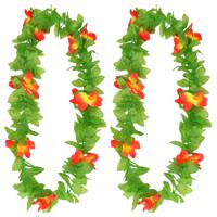 Hawaii krans/slinger - 2x - Tropische kleuren mix groen/geel/rood - Bloemen hals slingers