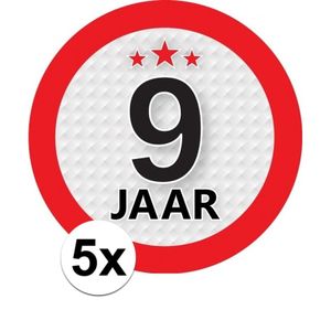 5x 9 Jaar leeftijd stickers rond 9 cm verjaardag versiering