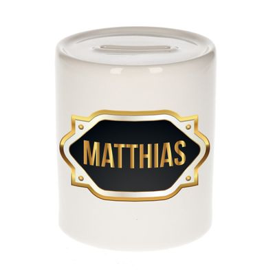 Naam cadeau spaarpot Matthias met gouden embleem
