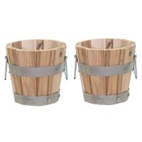 Plantenbak/bloempot - 2x - Barrel - hout - hendels - D15 x H18 cm