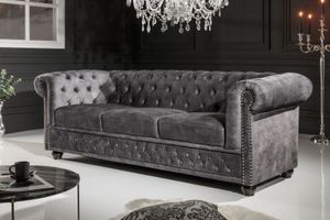 Chesterfield 3-zitsbank 205cm grijs fluweel met knoopstiksel en veerkern - 41215