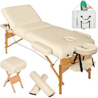 tectake® - Massagetafel matras van 10 cm hoog en houten frame + rolkussens, draagtas en kruk - beige - 400187