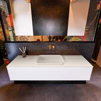 Badkamermeubelset Mondiaz Erin 150 cm met 1 Lade met RIDGE Wastafel Midden Linen Zonder Kraangaten Greeploos Mat Talc