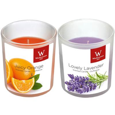 Trend Candles Geurkaarsen set - 4x stuks - in glazen houder - lavendel en sinaasappel - 25 branduren