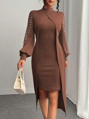 Women's Black Mesh Contrast Pearl Sleeve Bodycon Midi Dress Brown / S