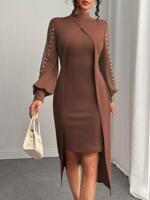 Women's Black Mesh Contrast Pearl Sleeve Bodycon Midi Dress Brown / S