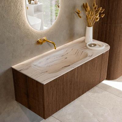 Badmeubel Mondiaz Kurve-Dlux | 115 cm | Meubelkleur Walnut | Wastafelkleur Nata | Solid surface | Wasbak linker zijde spoelbak | Zonder kraangat(en)