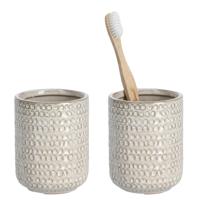 Tandenborstelhouder/badkamer beker - 2x - keramiek - beige - D8 x H10 cm - structure