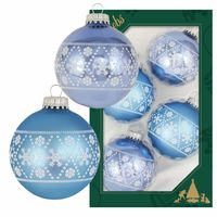 12x Luxe blauwe glazen kerstballen met witte sneeuwvlokken 7 cm - thumbnail