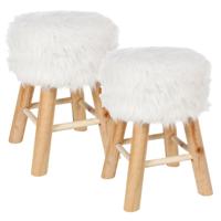 Home & Styling zit krukje Malmo - 2x - houten onderstel en fluffy stof - wit - D30 x H43 cm
