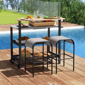 Bar Trolley op Wielen met Klaptafel Mobiele Pizza Oven Standaard Haken Handdoekhouder Vuilniszakhouder Barbecue Trolley
