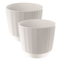 2x stuks moderne carf-stripe plantenpot/bloempot kunststof dia 15 cm/hoogte 13 cm parel wit